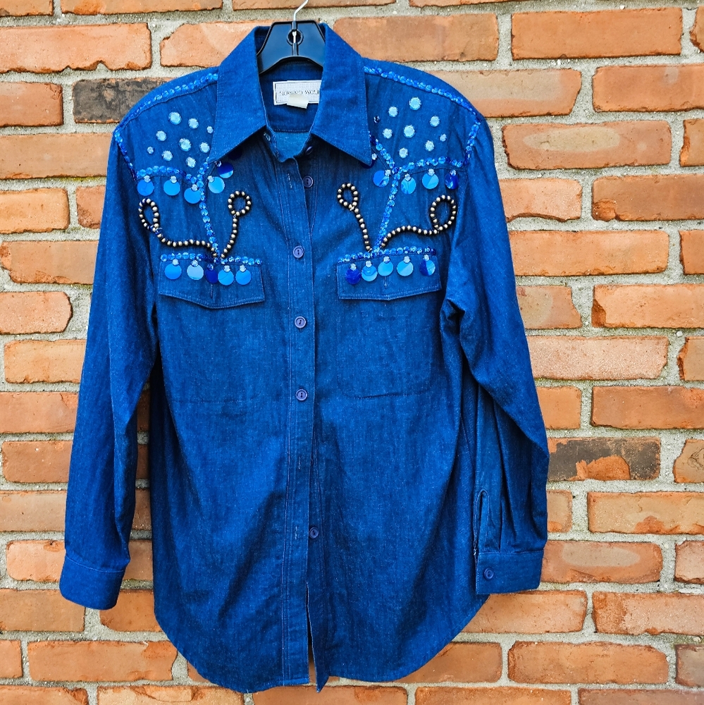 VTG Howard Wolf Embellished Western Denim Shirt – Size 10